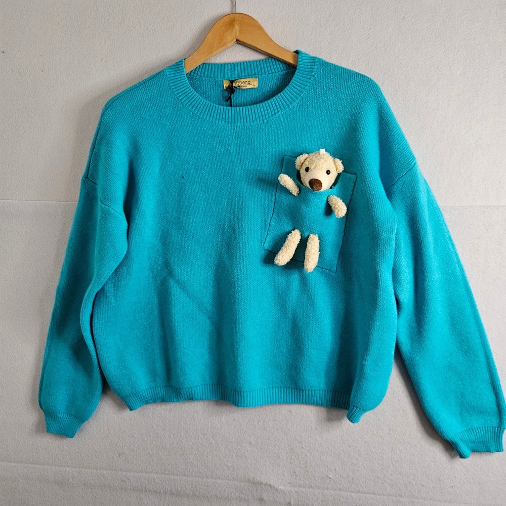 Vinizbena Teal Blue Teddy Bear Pocket Sweater Womens Medium NWT 2023